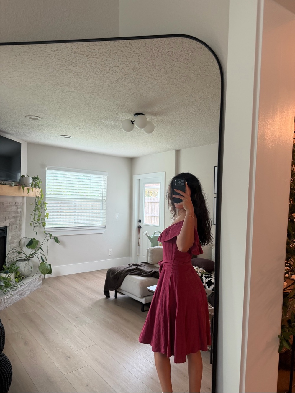 Off-Shoulder Button-Front Midi Dress in Deep Raspberry - Picture 2 of 3